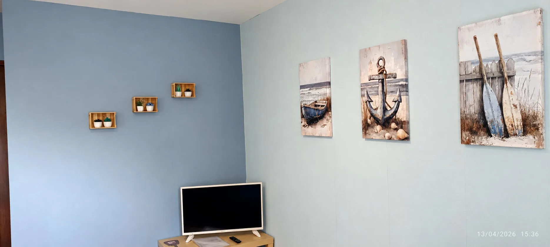 Un coin de chambre aux murs bleu clair décoré de trois tableaux sur le thème marin, de trois petites étagères en bois avec des plantes et d'une télévision posée sur un meuble.