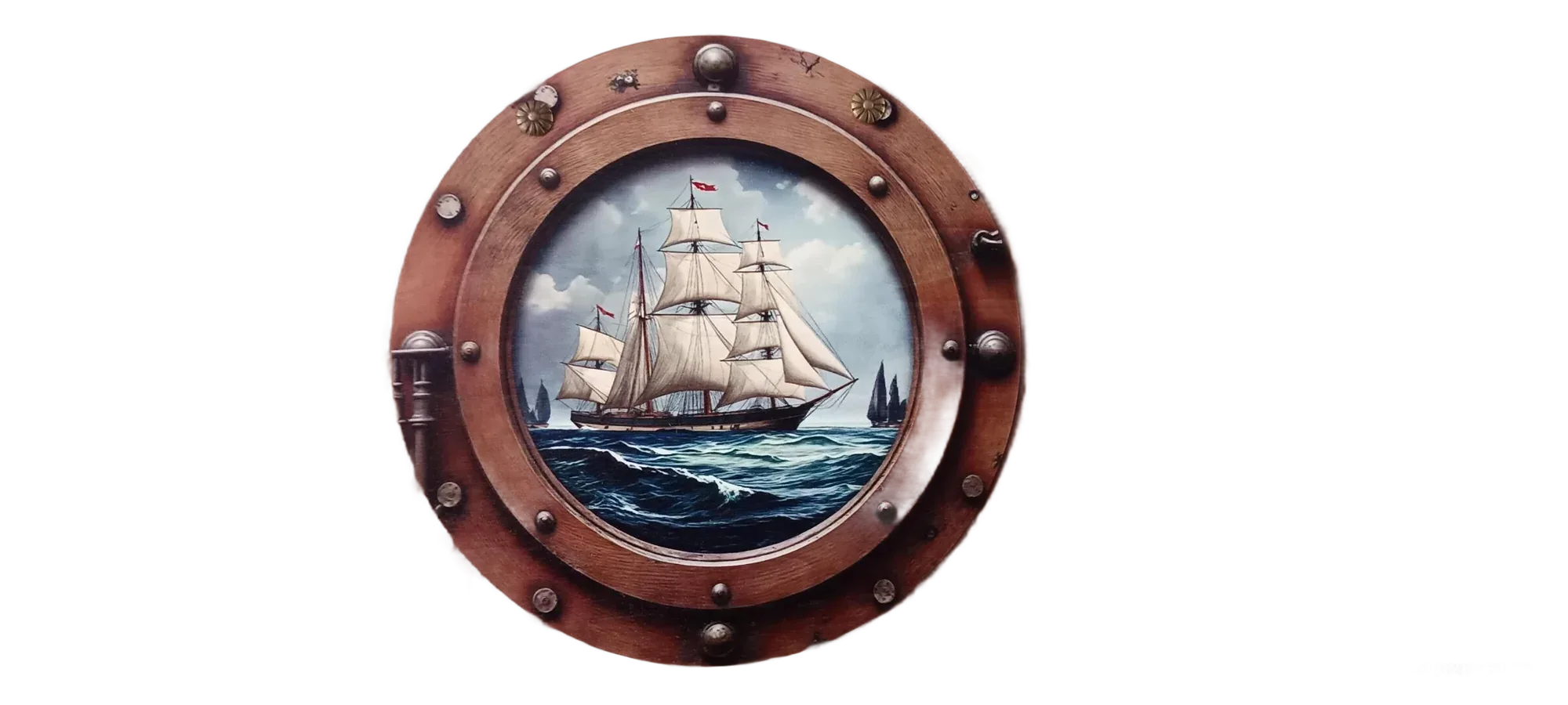Un hublot décoratif en bois cuivré aux rivets métalliques encadre la peinture d'un grand voilier à voiles blanches naviguant sur une mer agitée.