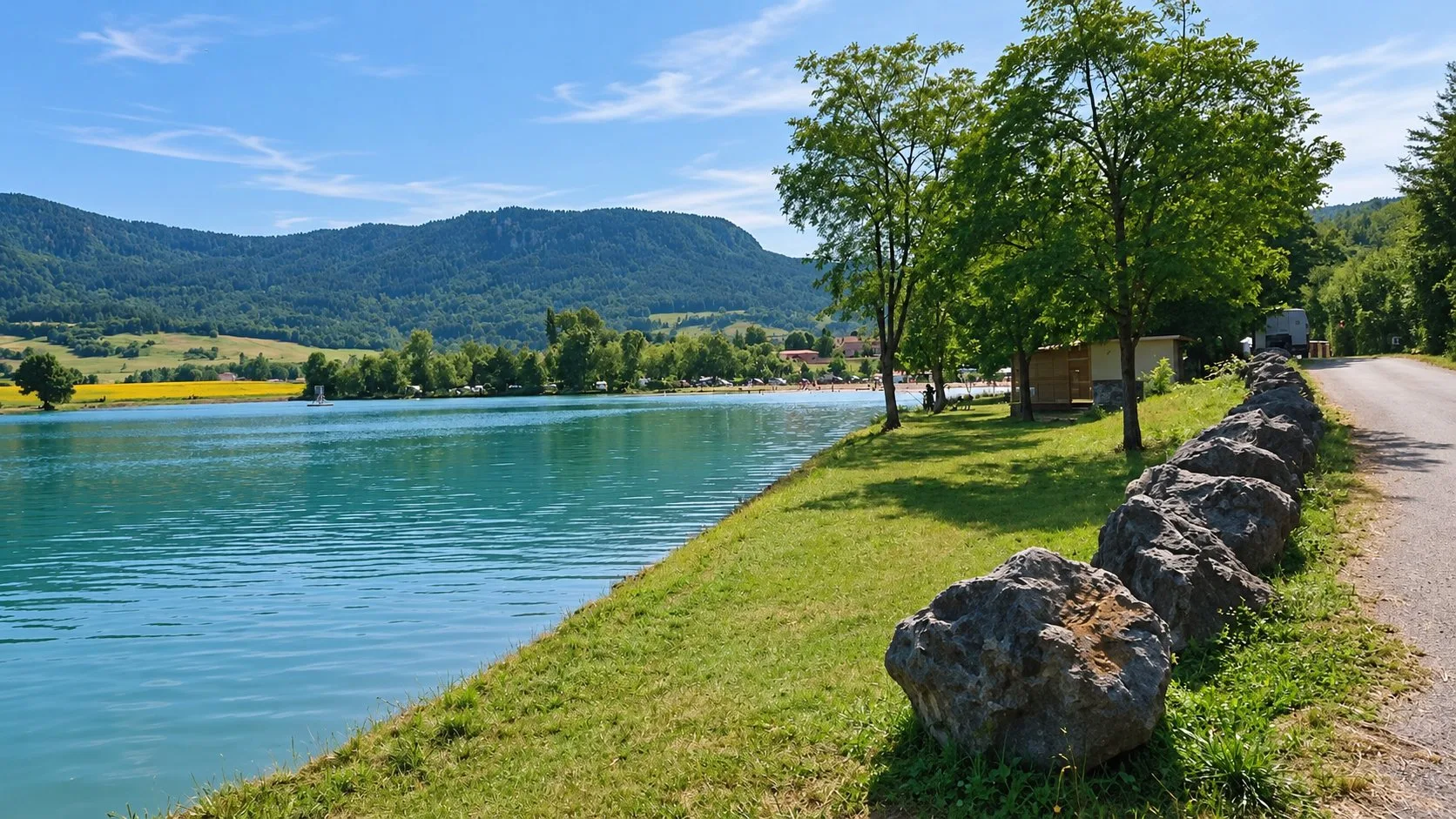 La rive herbeuse du lac de Puivert, des rochers alignés au bord du chemin et une colline boisée en arrière-plan.