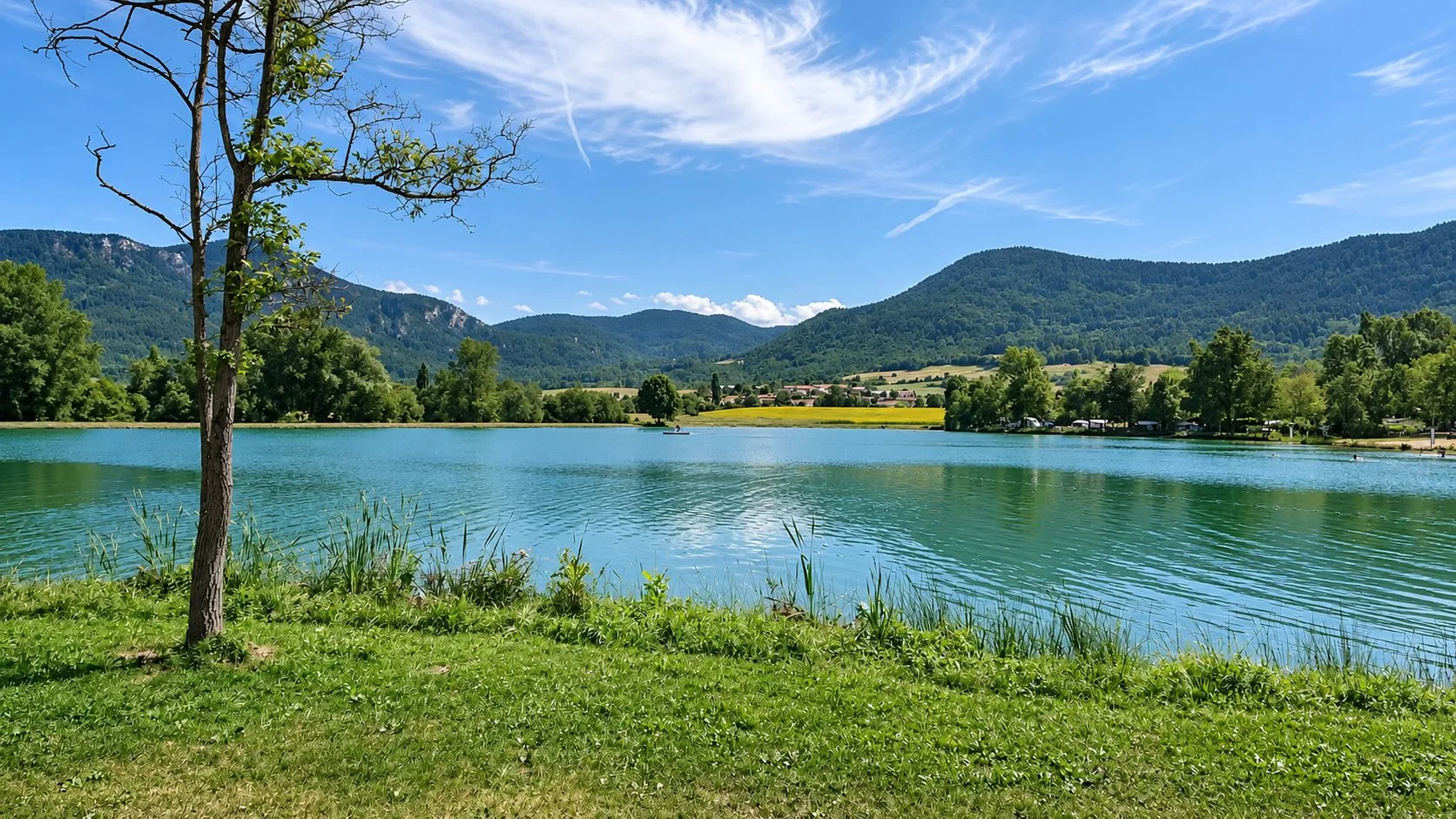 Vue sur le lac de Puivert depuis la rive, avec un arbre isolé et des collines boisées à l'horizon.