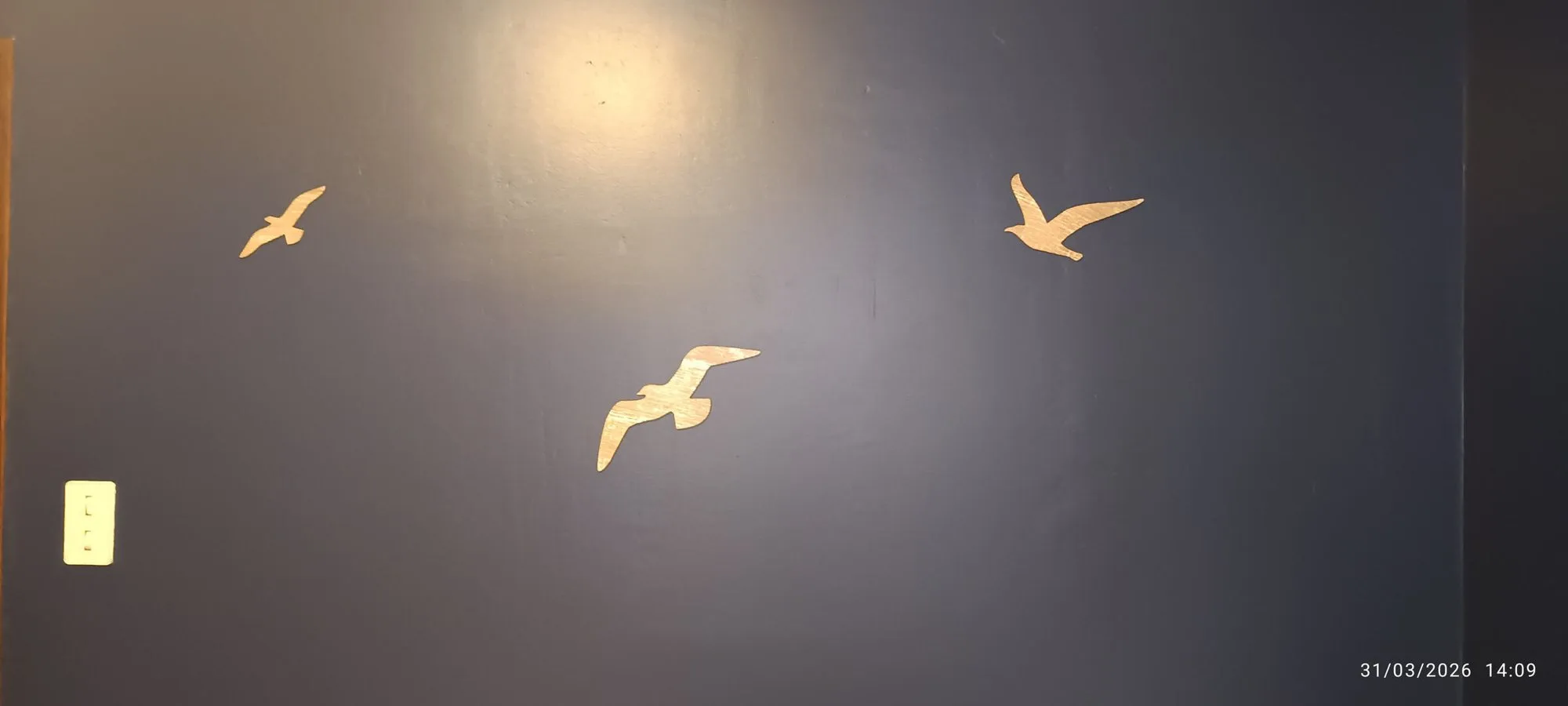 Trois silhouettes de mouettes en bois doré en plein vol, fixées sur un mur peint en bleu foncé, avec un interrupteur clair à gauche.