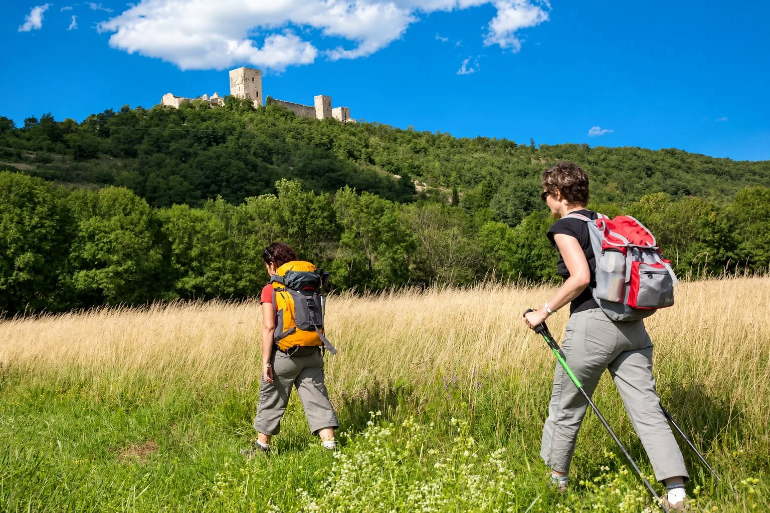 Deux randonneurs marchant dans une prairie, avec un château au sommet d'une colline boisée en arrière-plan.