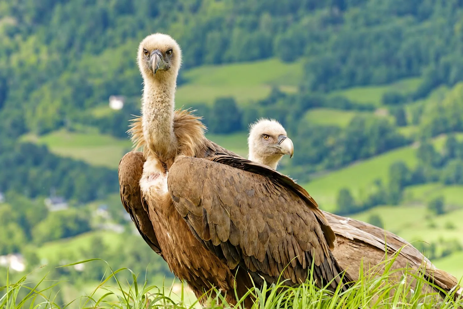 Deux vautours fauves posés dans l'herbe, devant des collines vertes.