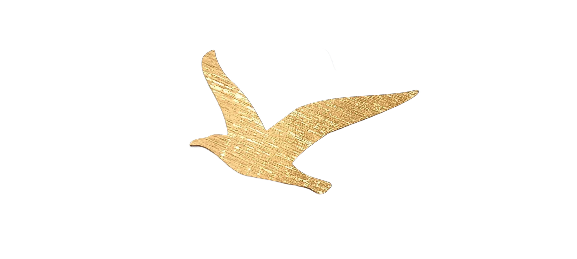 Une silhouette d'oiseau en vol à l'aspect doré et strié est fixée sur un mur peint en bleu marine.