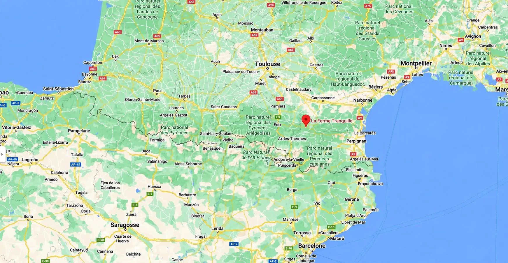 Carte de la région indiquant La Ferme Tranquille entre Toulouse, Carcassonne, Perpignan et les Pyrénées.