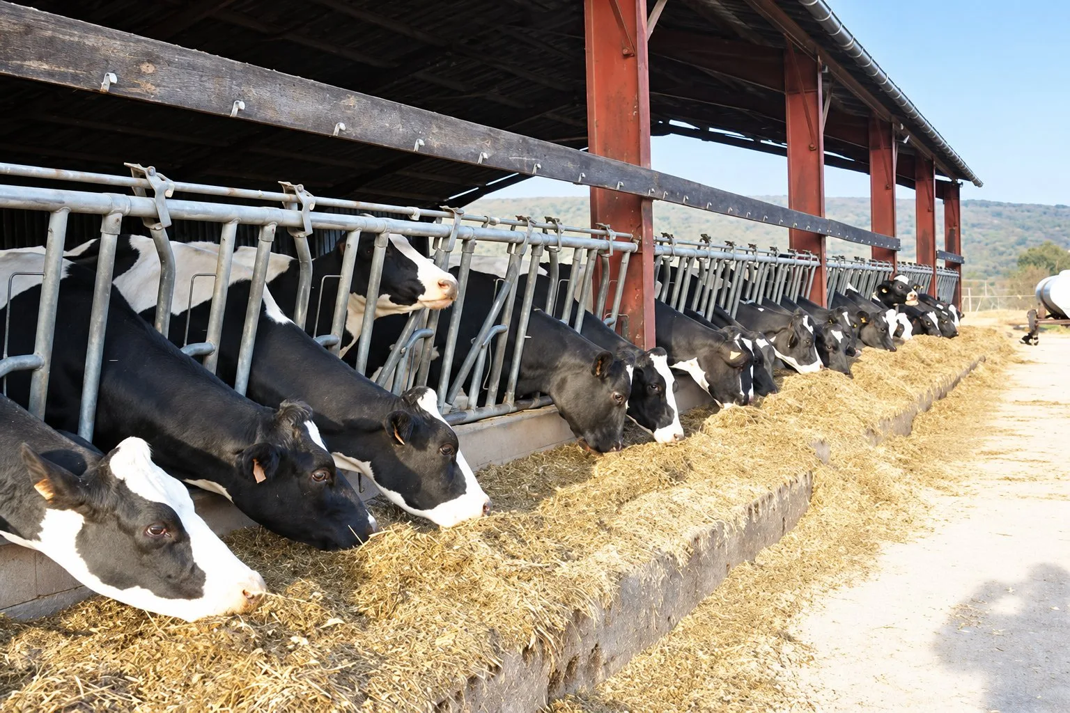 Une rangée de vaches noires et blanches passent la tête entre les barres d'un cornadis pour manger du foin dans une stabulation ouverte.